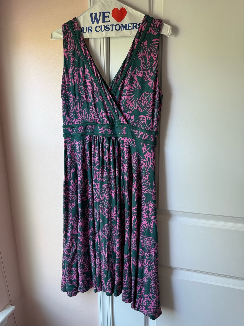 Boden Green and Pink Floral V‑Neck Midi Dress